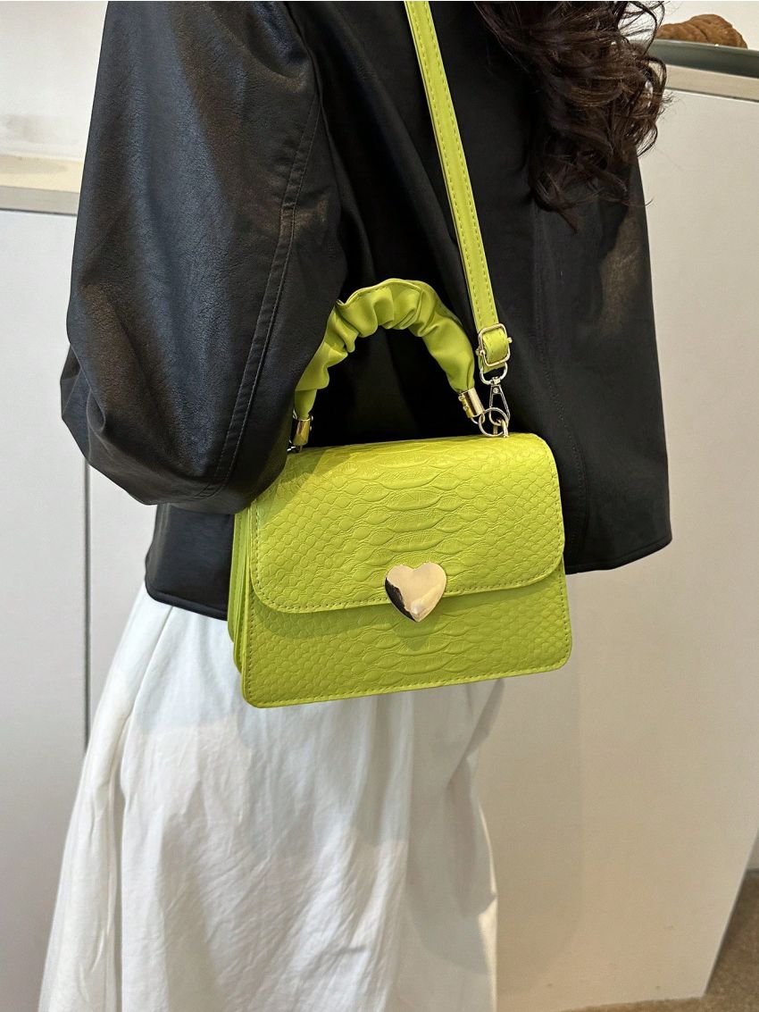 Small Embossed Detail Flap Square Bag Ruched Top Handle