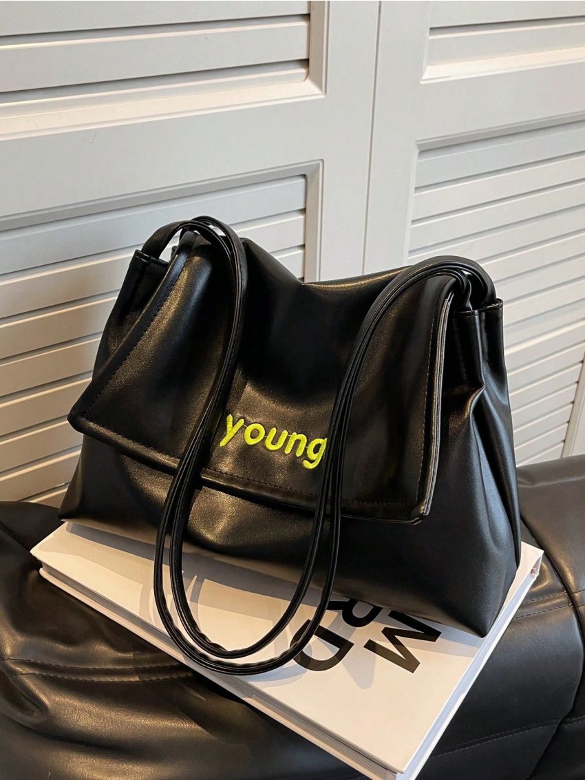 Letter Embroidered Flap Shoulder Tote Bag Black PU