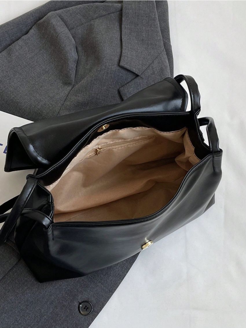 Letter Embroidered Flap Shoulder Tote Bag Black PU