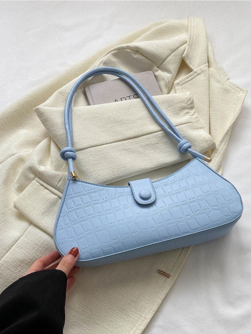 Crocodile Embossed Baguette Bag, Women's Solid Color Underarm Bag