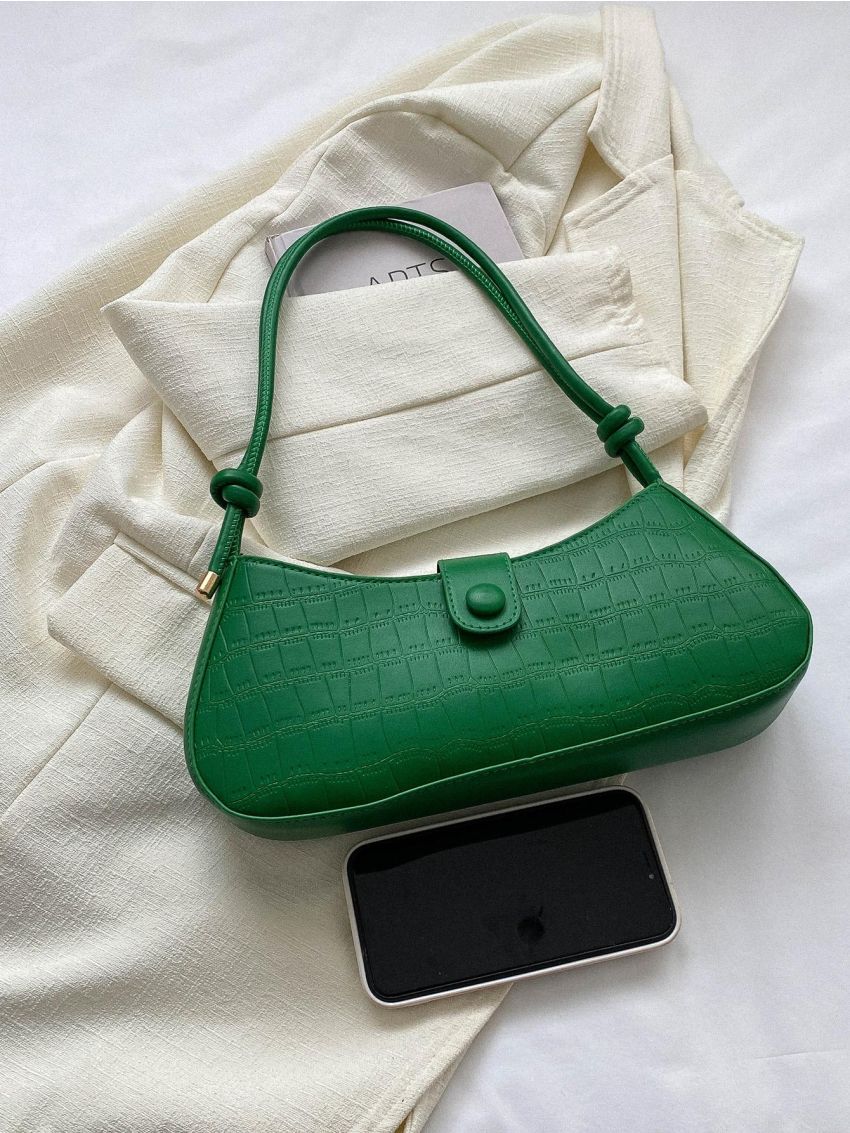 Crocodile Embossed Baguette Bag, Women's Solid Color Underarm Bag