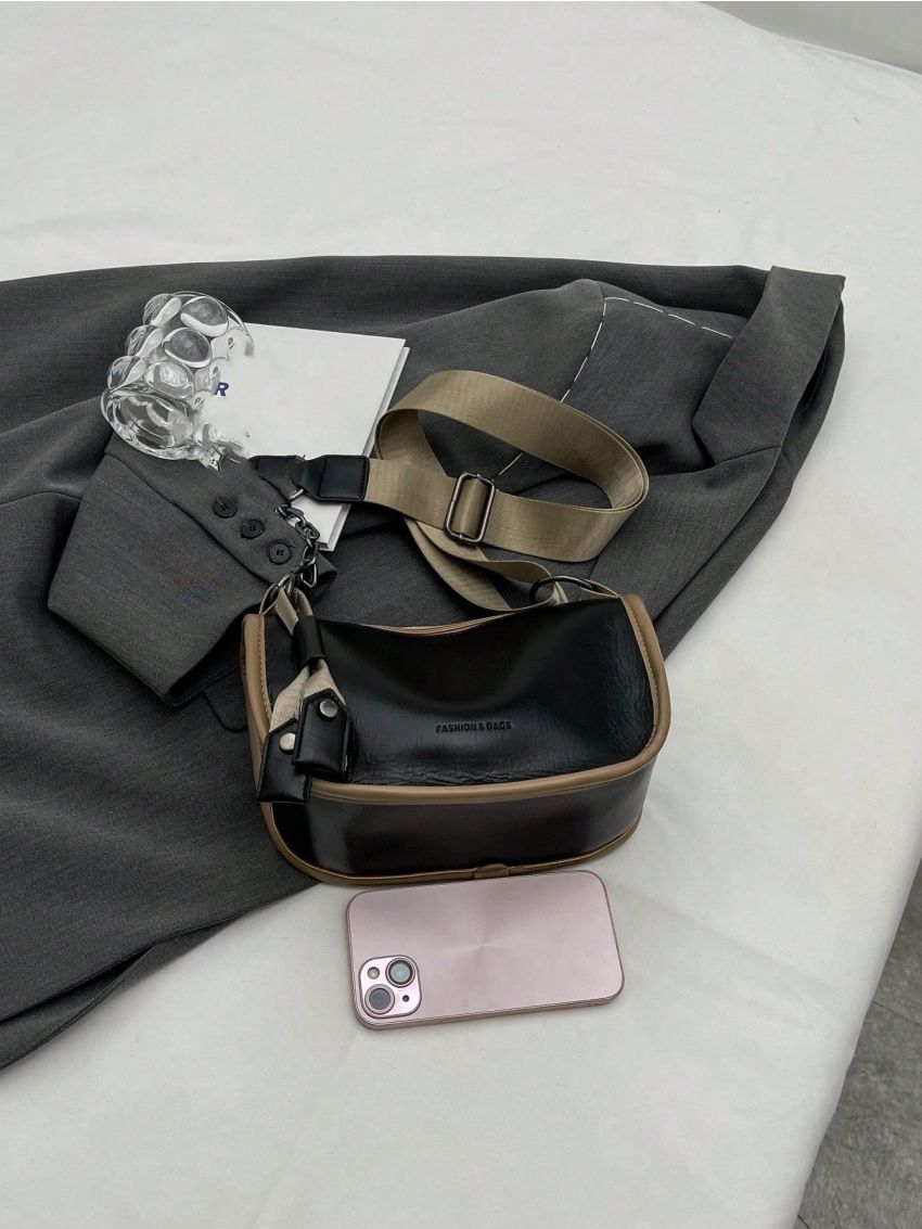 Minimalist Hobo Bag Contrast Binding Zipper Pu