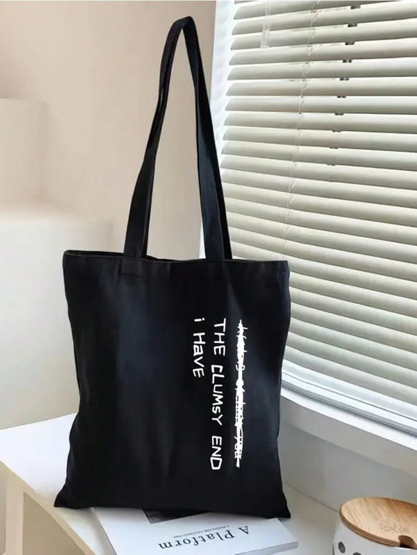 Slogan Graphic Shopper Bag Double Handle Black