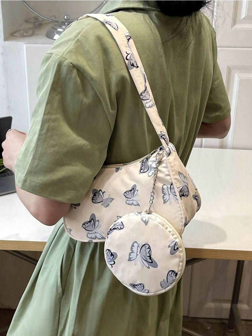 Butterfly Graphic Shoulder Bag With Coin Purse