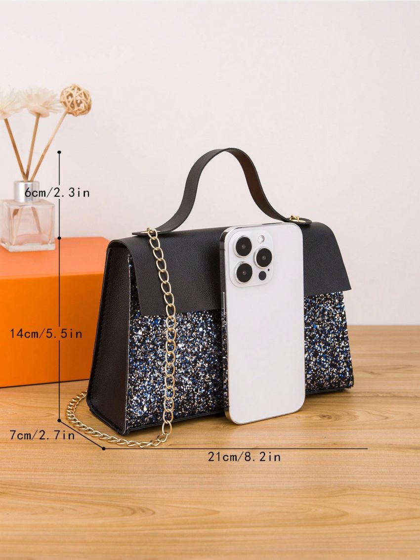 Glitter Decor Flap Square Bag Twist Lock Top Handle
