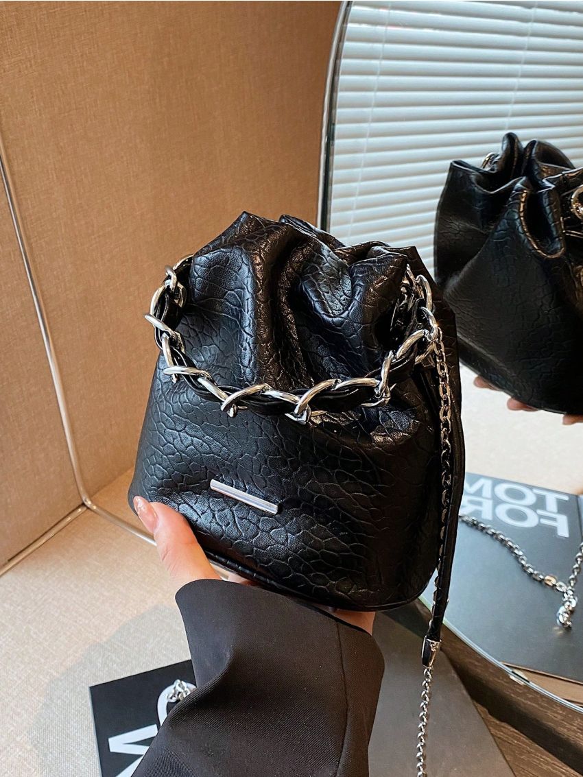 Mini Patch Decor Bucket Bag Drawstring Design