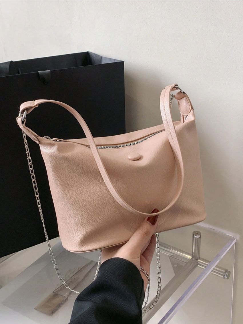 Minimalist Chain Shoulder Bag Zipper Small Pink