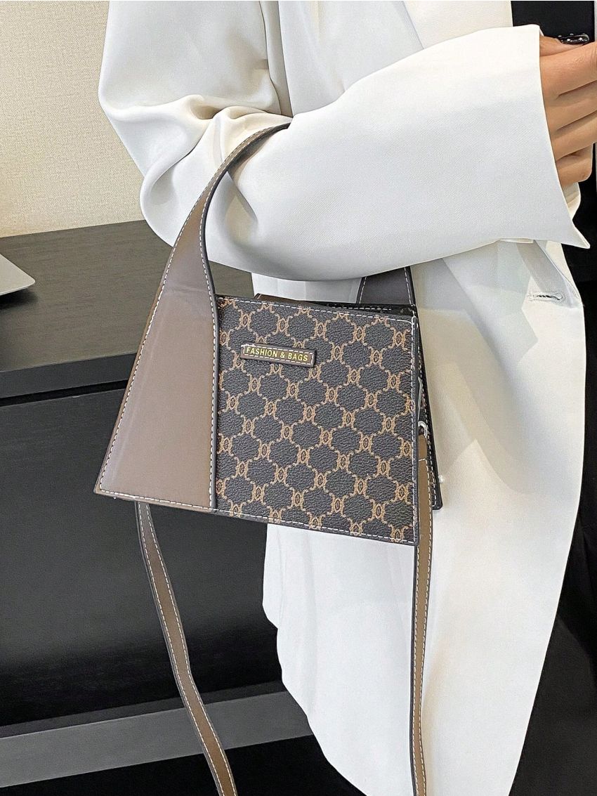 Geometric Pattern Square Bag Top Handle Patch Decor