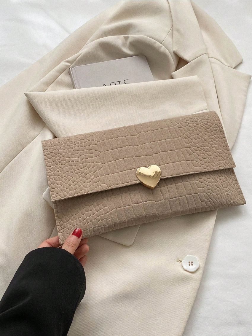 Crocodile Embossed Envelope Bag Heart Decor Flap