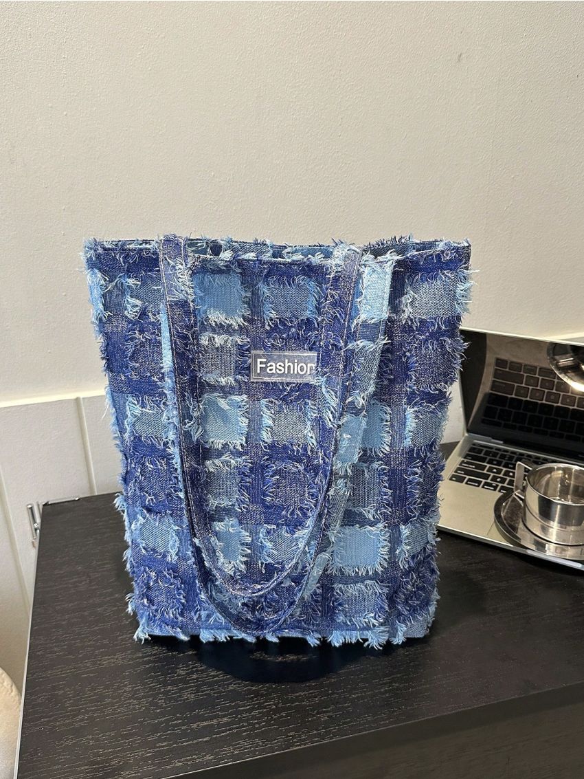 Plaid Pattern Raw Trim Square Bag Medium