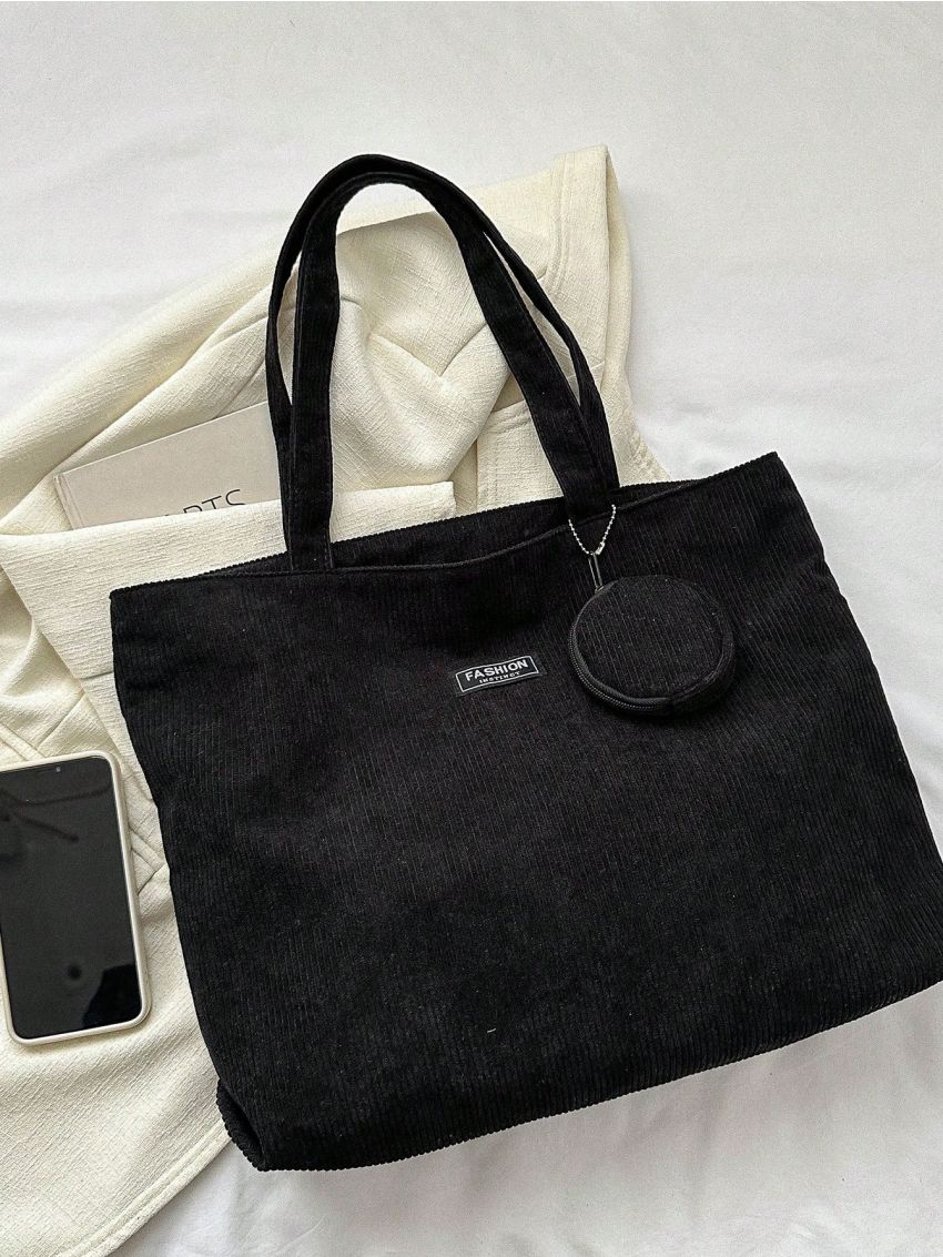 Letter Patch Decor Corduroy Shopper Bag With Coin Purse