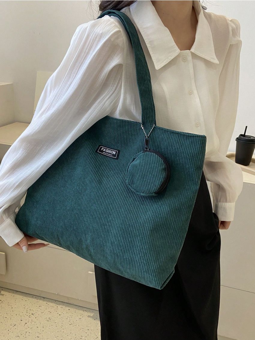 Letter Patch Decor Corduroy Shopper Bag With Coin Purse