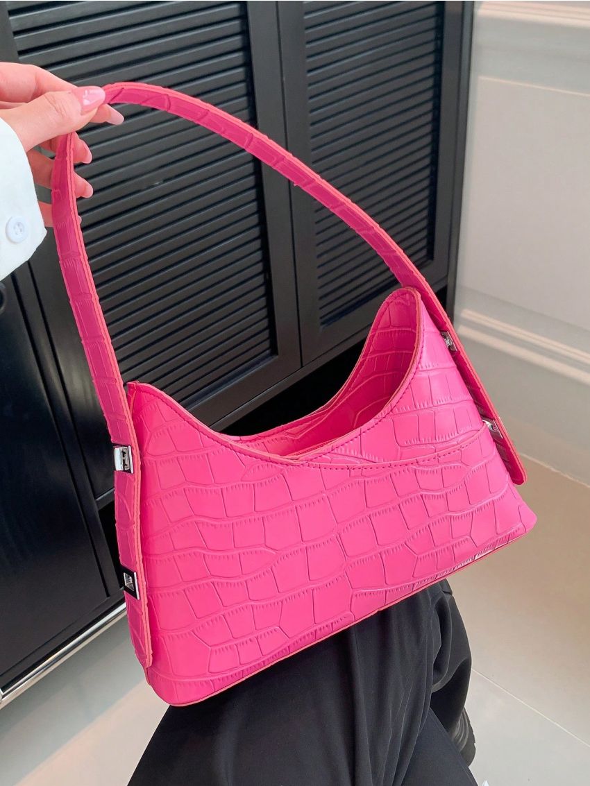 Crocodile Embossed Baguette Bag Pink Fashionable For Daily