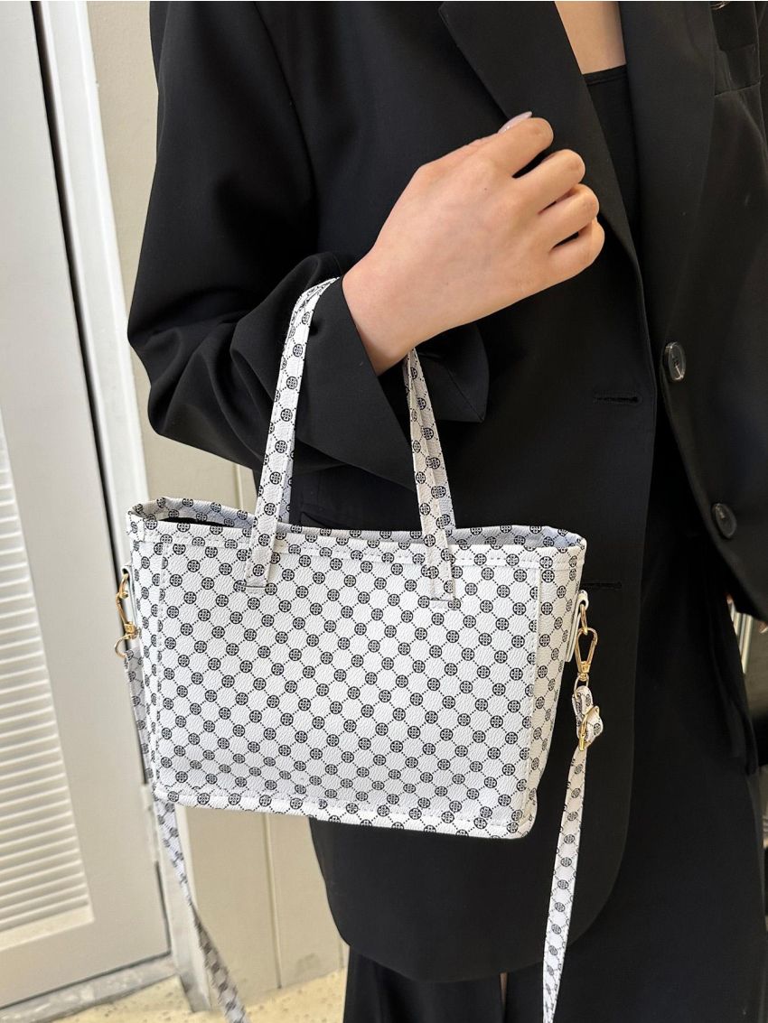 Geometric Pattern Double Handle Square Bag White Fashionable For Daily