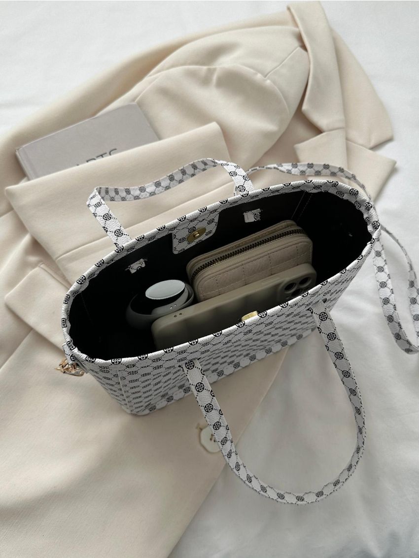 Geometric Pattern Double Handle Square Bag White Fashionable For Daily