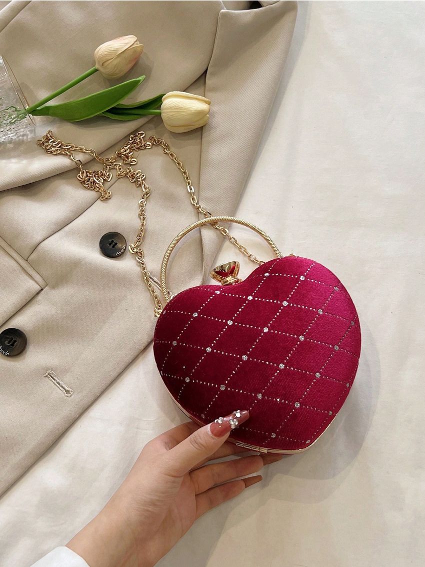 Mini Rhinestone Decor Chain Heart Design Novelty Bag