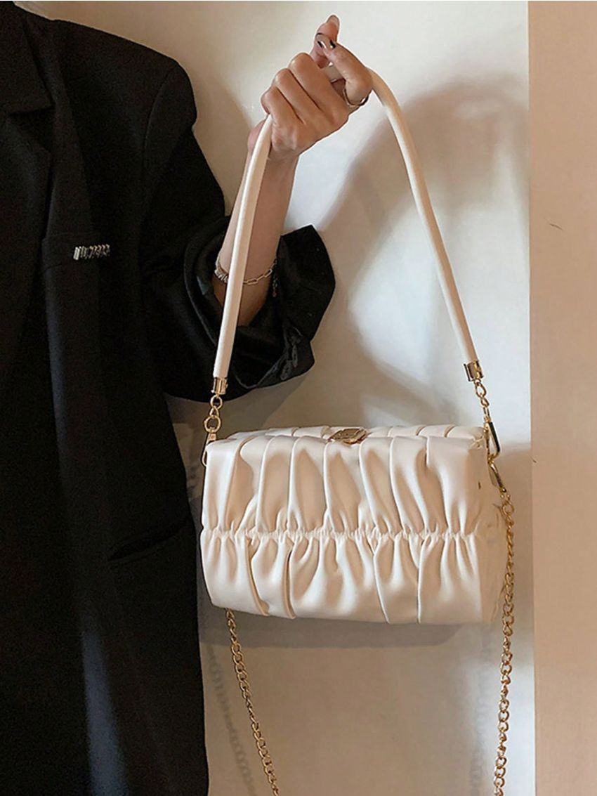 Small Ruched Bag Turn Lock Solid Black Minimalist