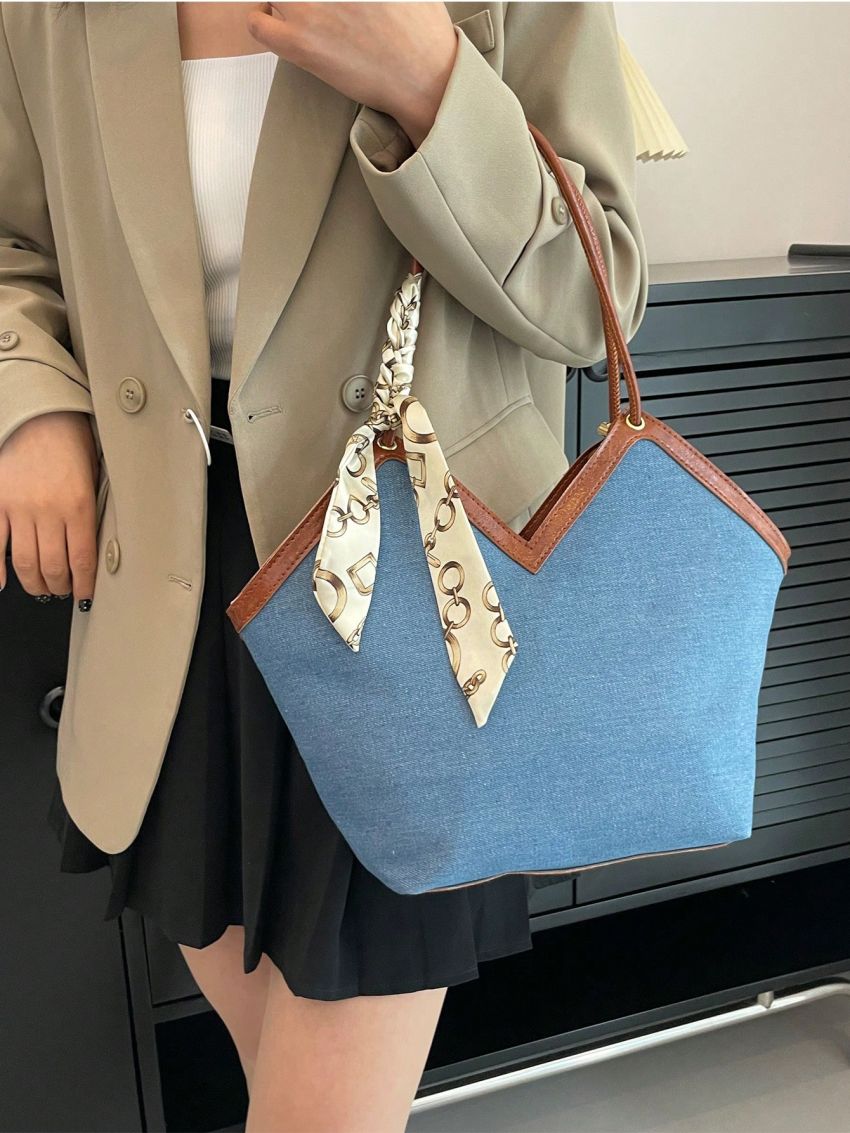 Twilly Scarf Decor Contrast Binding Shoulder Tote Bag Fashionable For Daily