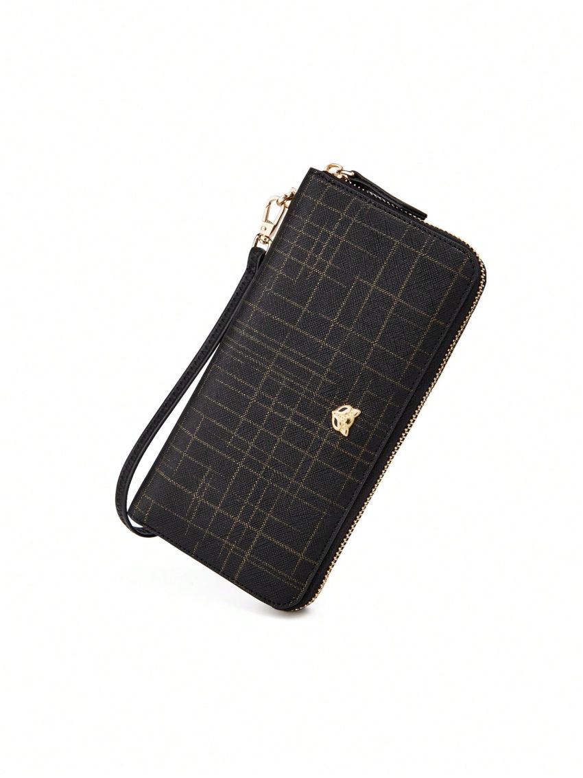 Plaid Pattern Long Wallet Black Genuine Leather With Zipper
