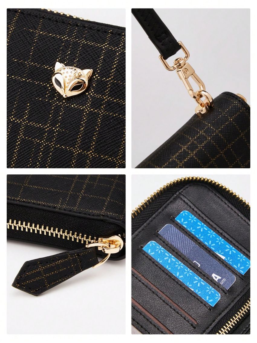 Plaid Pattern Long Wallet Black Genuine Leather With Zipper