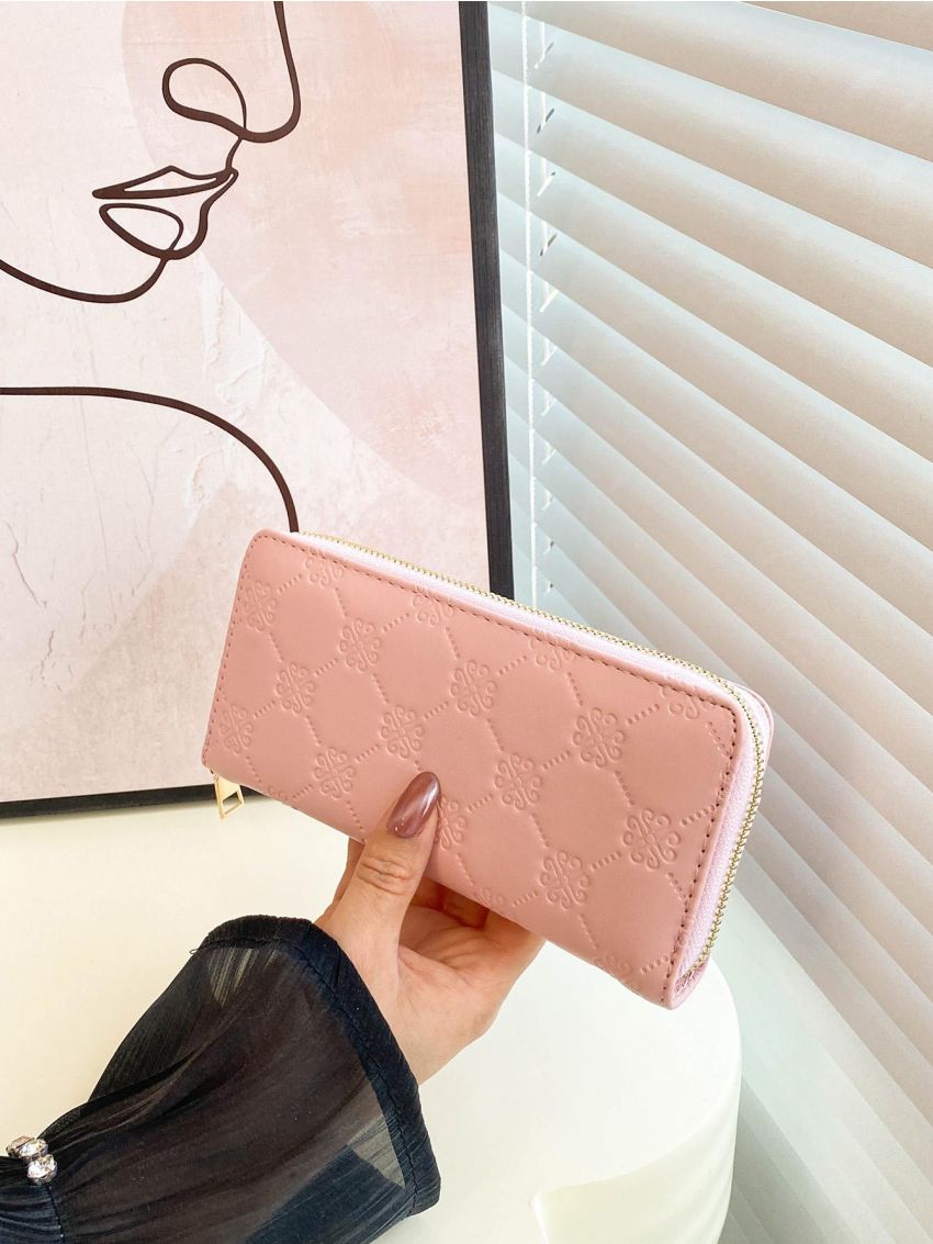 Geometric Pattern Long Wallet Pink Fashionable With Zipper For Daily