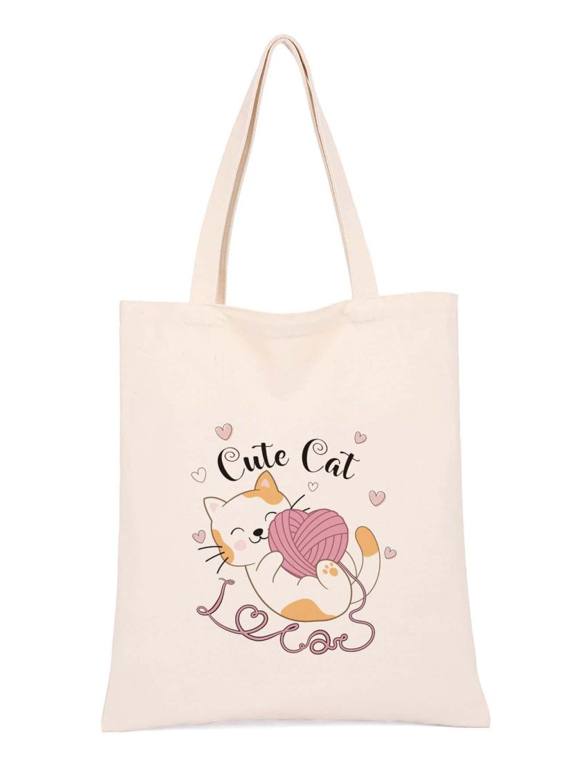 Cartoon Cat Graphic Shopper Bag White Casual Double Handle
