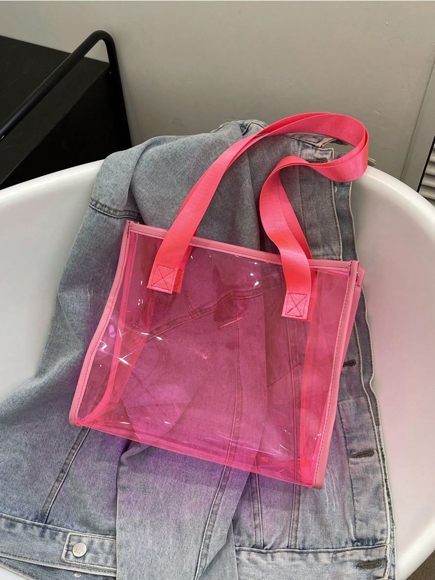 Clear Contrast Binding Shoulder Tote Bag Neon-Pink Funky