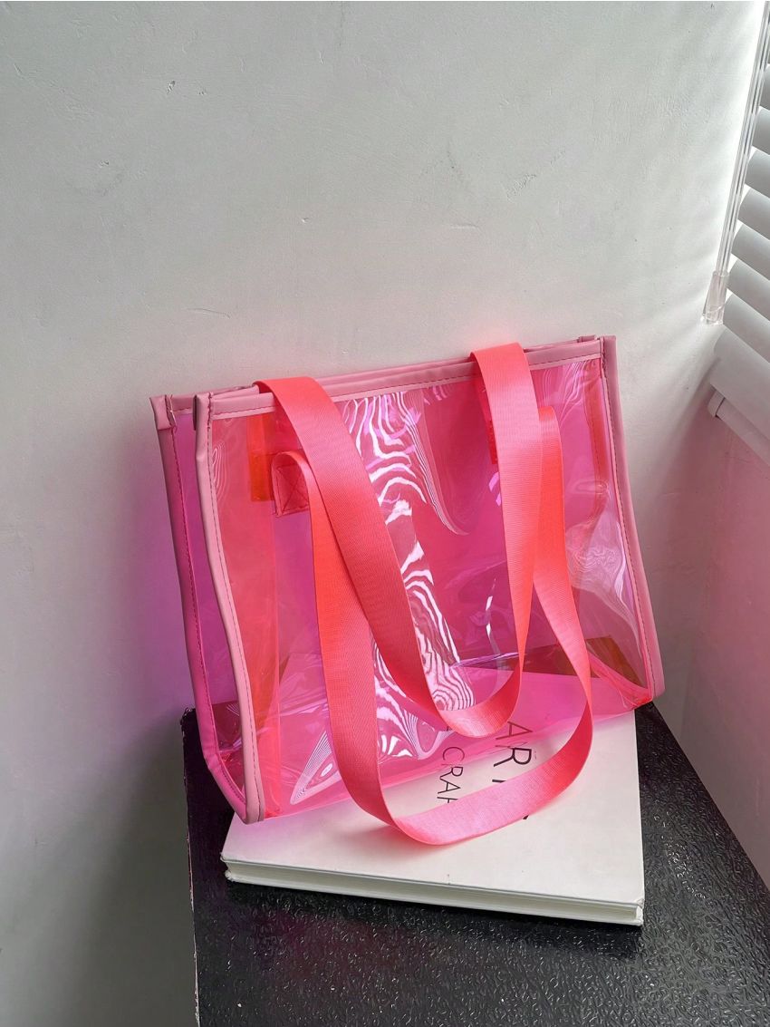 Clear Contrast Binding Shoulder Tote Bag Neon-Pink Funky