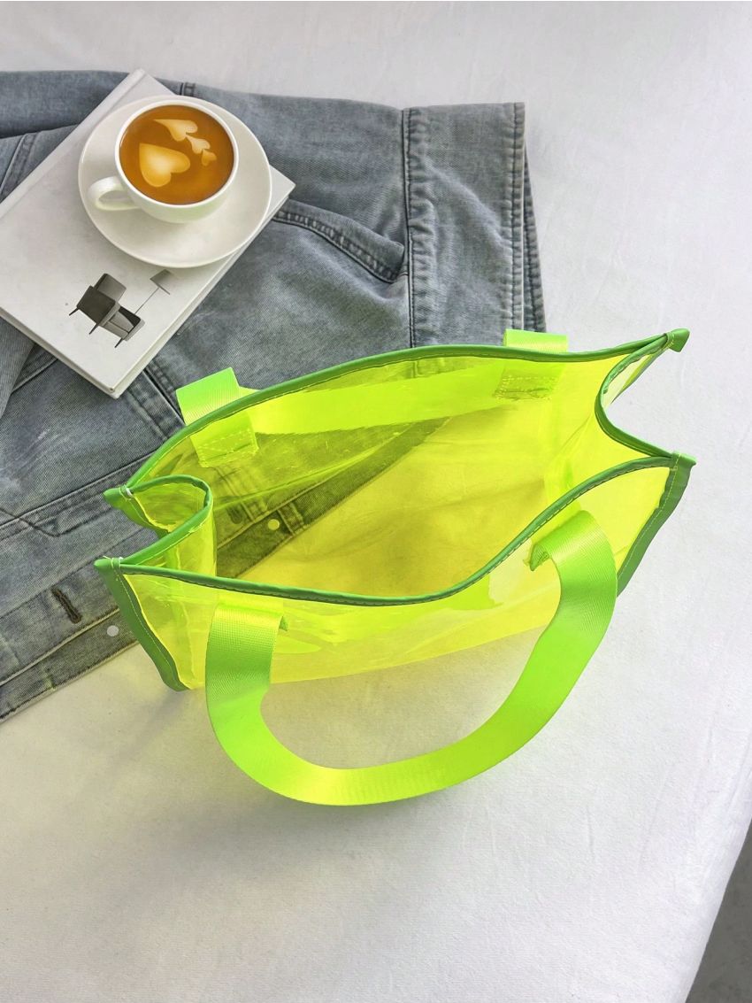 Neon Green Clear Shoulder Tote Bag PVC Double Handle Funky