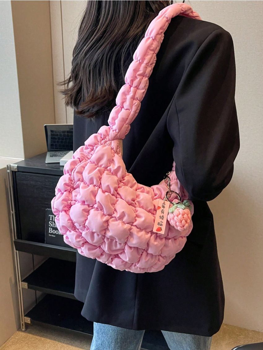 Pink Minimalist Ruched Bag With Bag Charm