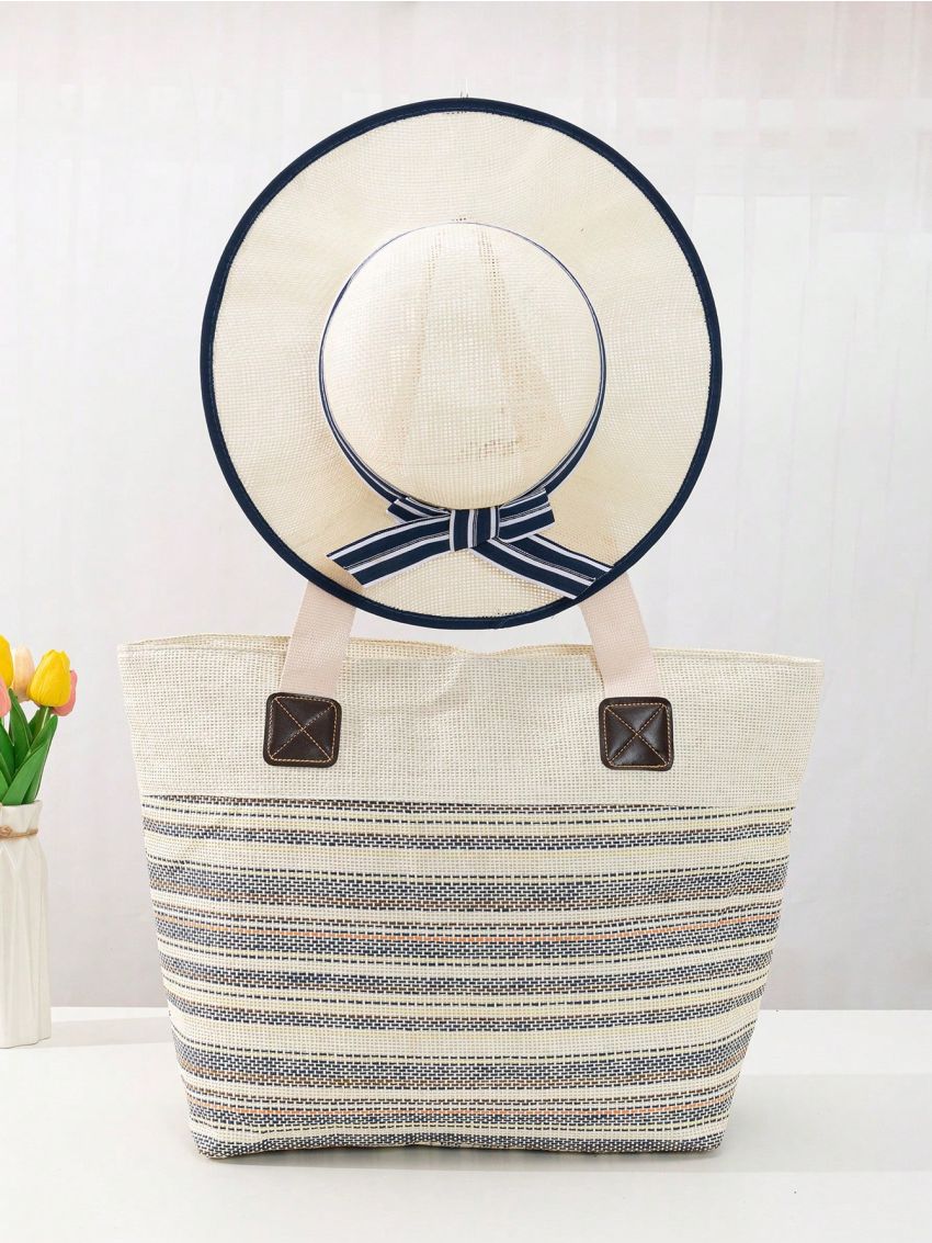 Colorblock Straw Bag Striped Pattern Patch Decor With Straw Hat