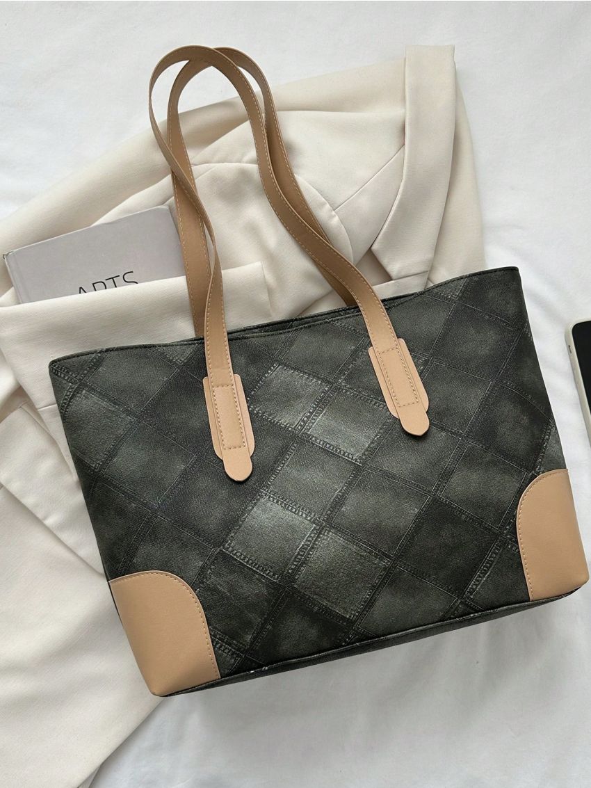 Argyle Pattern Shoulder Tote Bag Double Handle