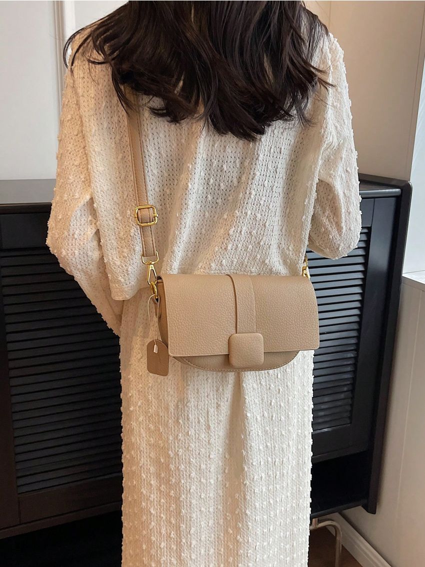 Litchi Embossed Flap Saddle Bag Khaki Fashionable