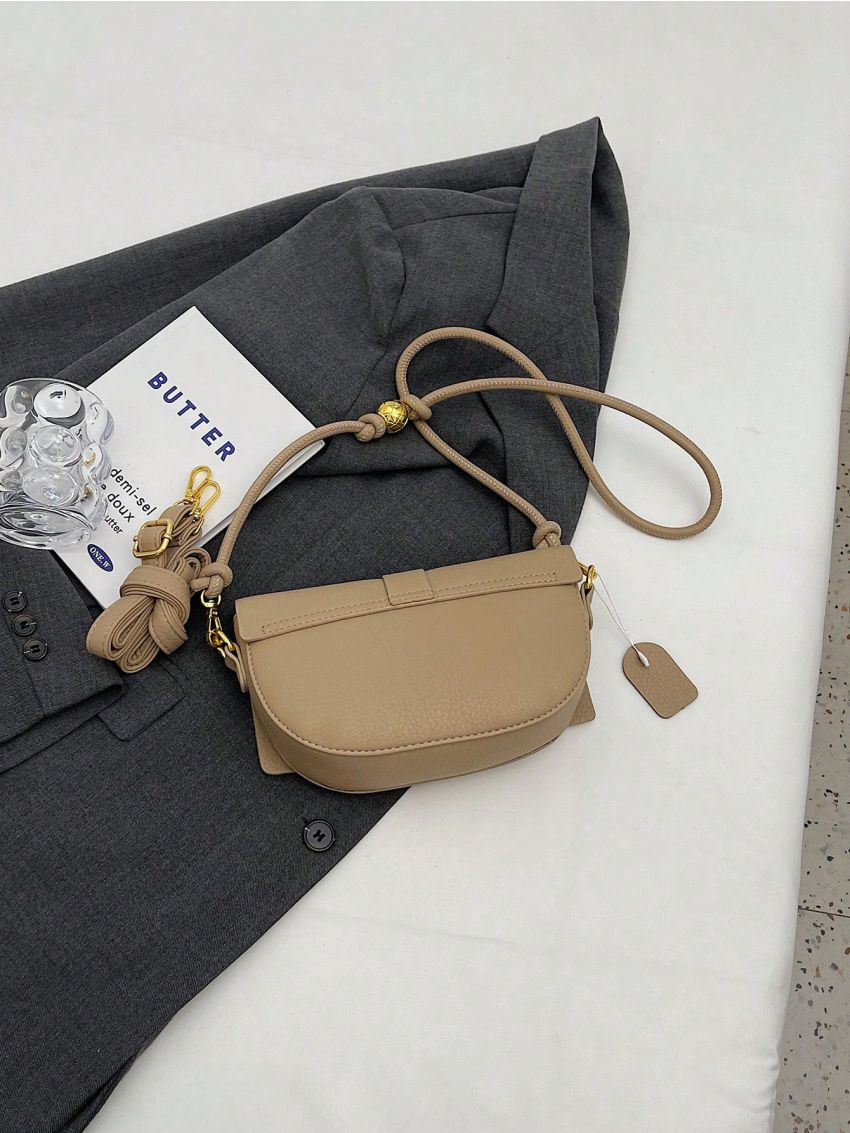 Litchi Embossed Flap Saddle Bag Khaki Fashionable