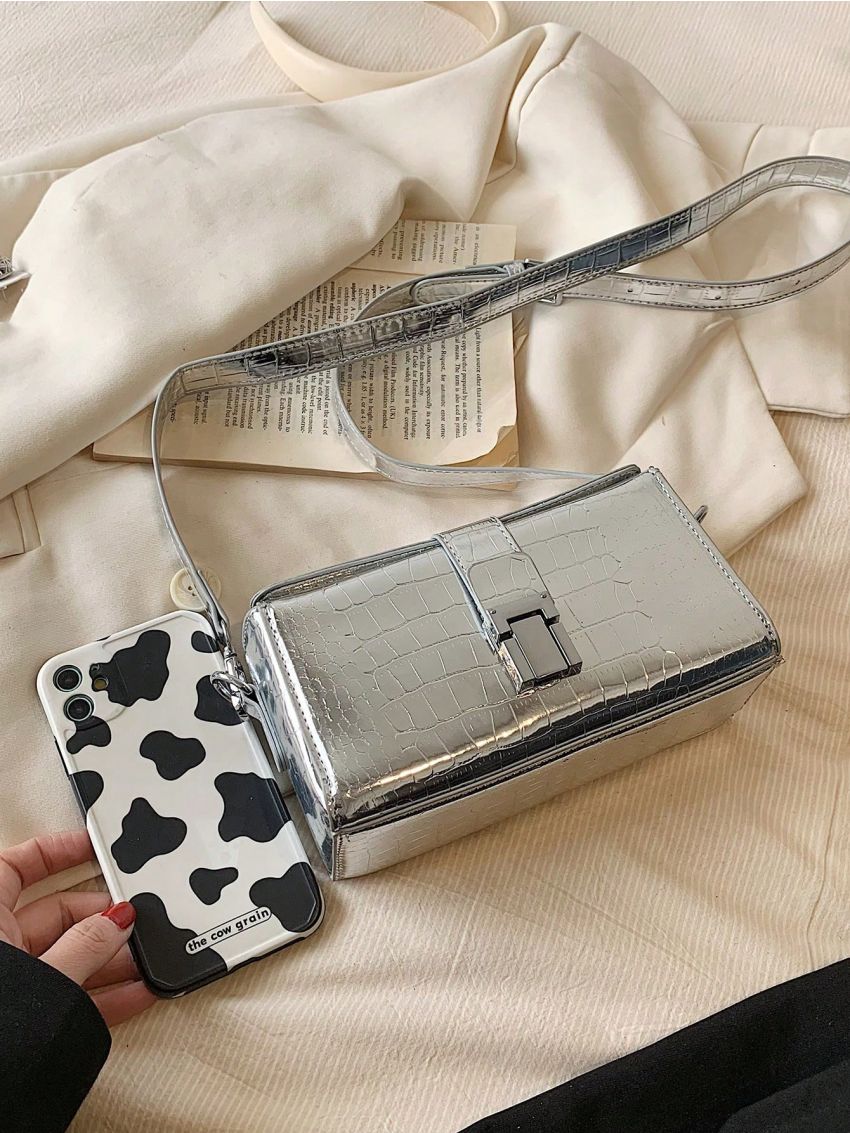 Funky Square Bag Metallic Silver Crocodile Embossed Metal Decor PU