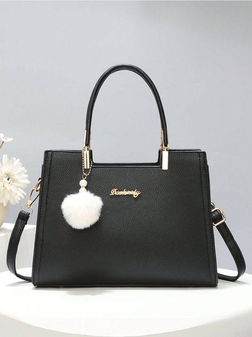 Letter Decor Square Bag PU Black Double Handle Fashionable