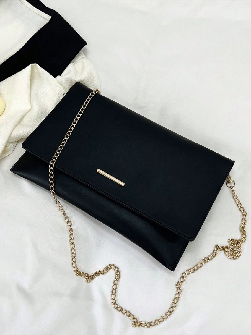 Metal Decor Envelope Bag Black PU Elegant