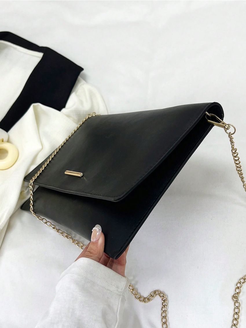 Metal Decor Envelope Bag Black PU Elegant