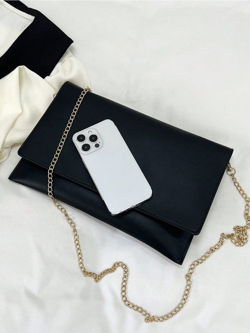 Metal Decor Envelope Bag Black PU Elegant