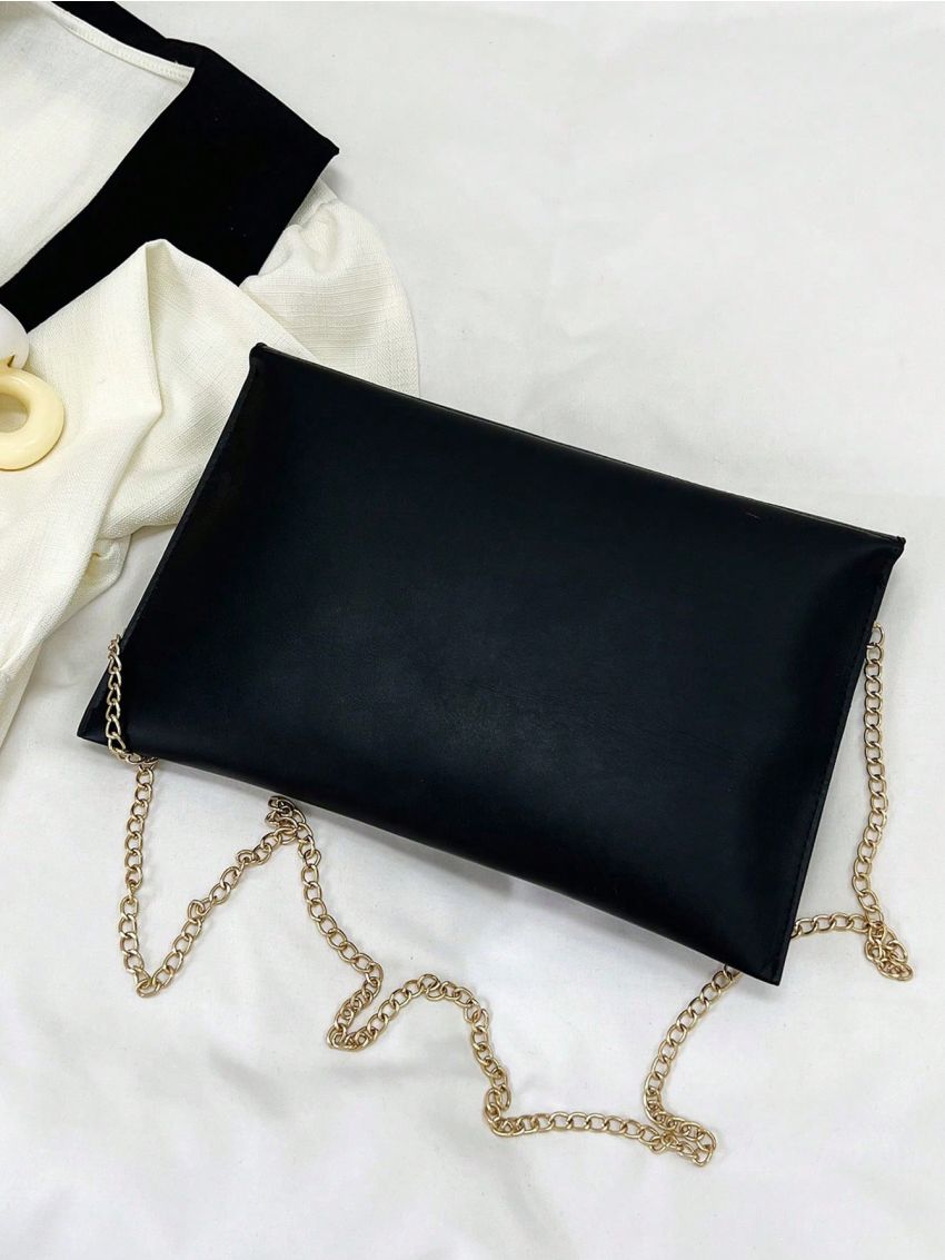 Metal Decor Envelope Bag Black PU Elegant