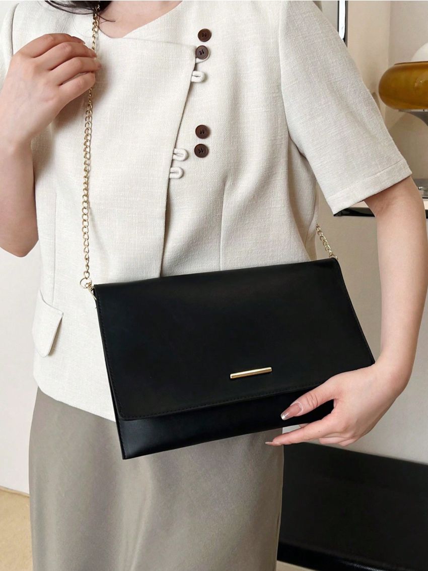 Metal Decor Envelope Bag Black PU Elegant