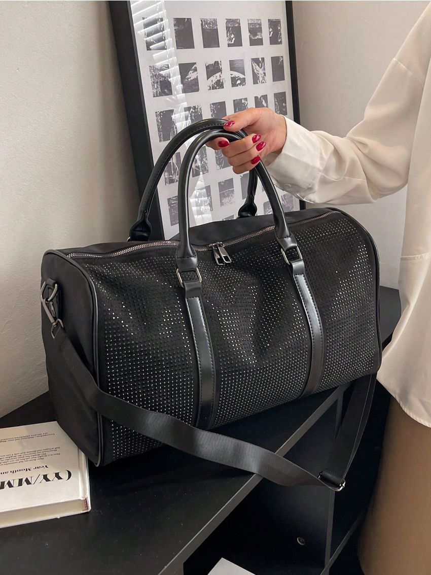 Rhinestone Decor Travel Bag Polyester Black Glamorous