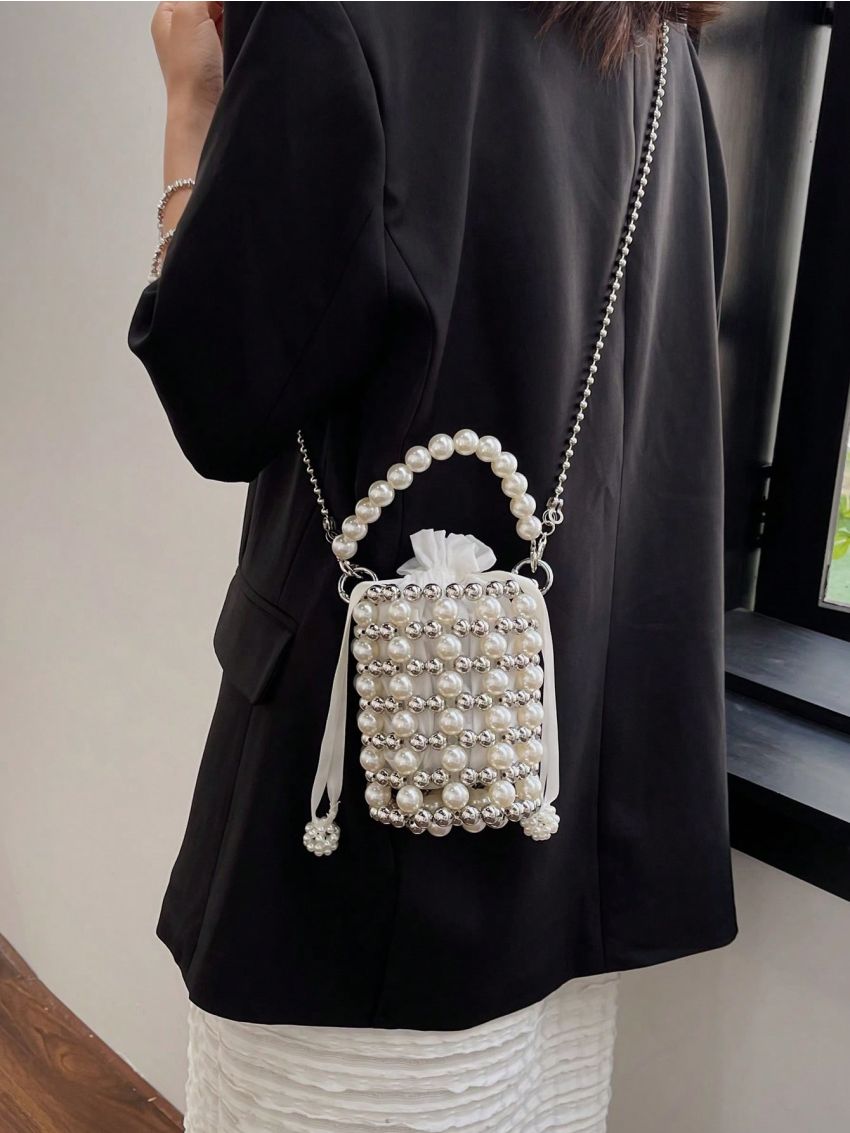 Mini Satchel Bag With Inner Pouch Glamorous Faux Pearl Decor Top Handle Chain