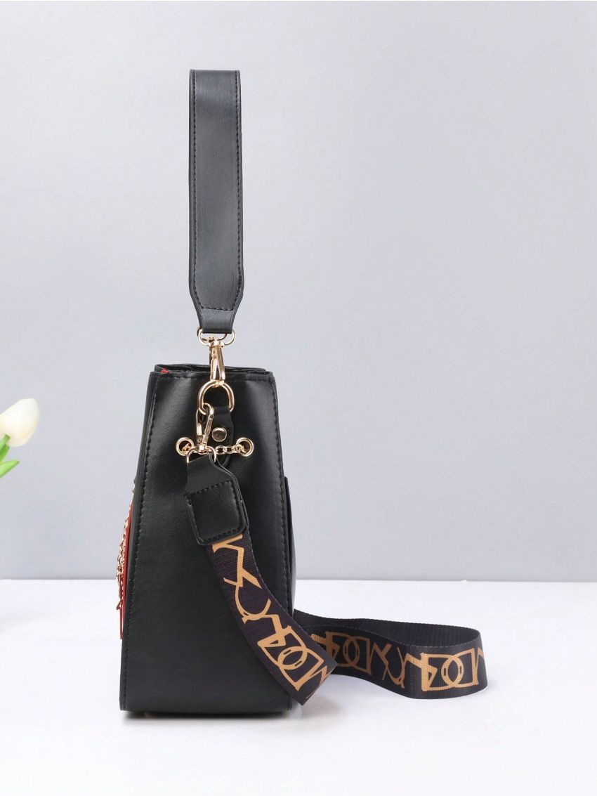 Two Tone Bucket Bag Fashionable Key & Star Decor Top Handle PU