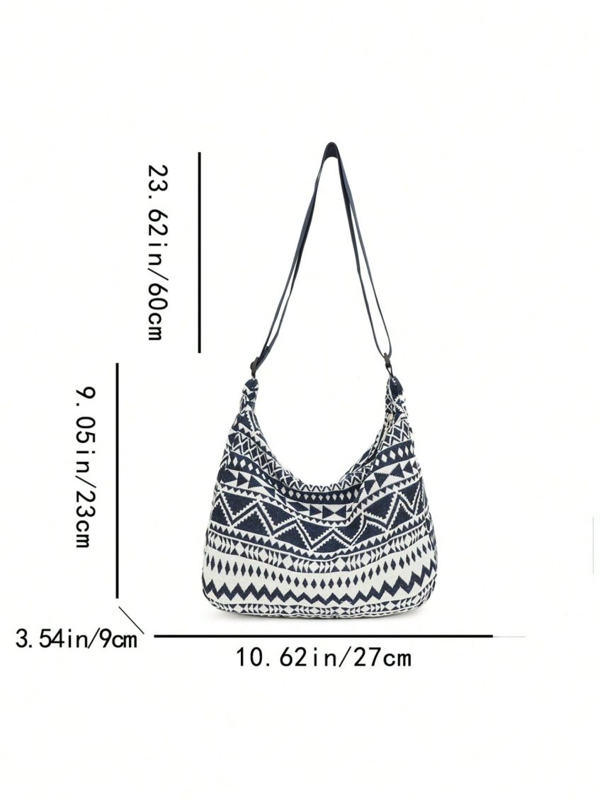 Fashionable Hobo Bag Geometric Pattern Zipper Adjustable-strap Polyester