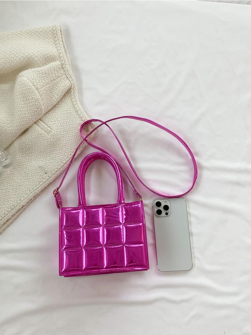 Funky Square Bag Metallic Pink Quilted Adjustable-strap PU