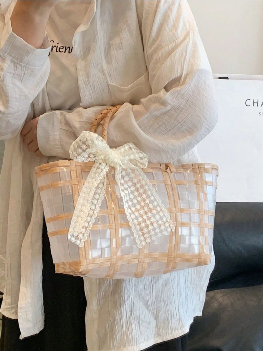 Plaid Pattern Bow Decor Straw Bag Two Tone