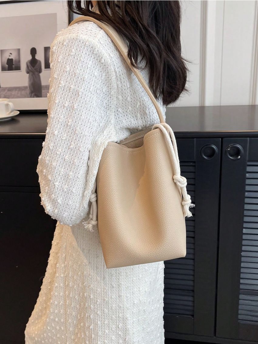 Litchi Embossed Bucket Bag PU Elegant Khaki