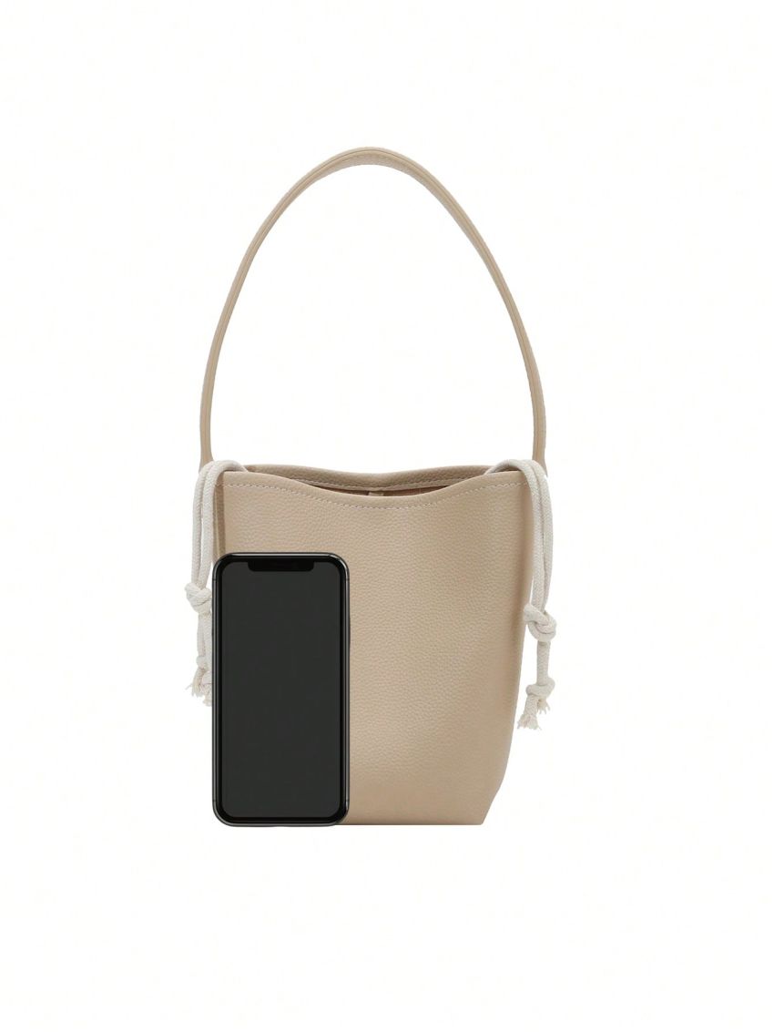 Litchi Embossed Bucket Bag PU Elegant Khaki