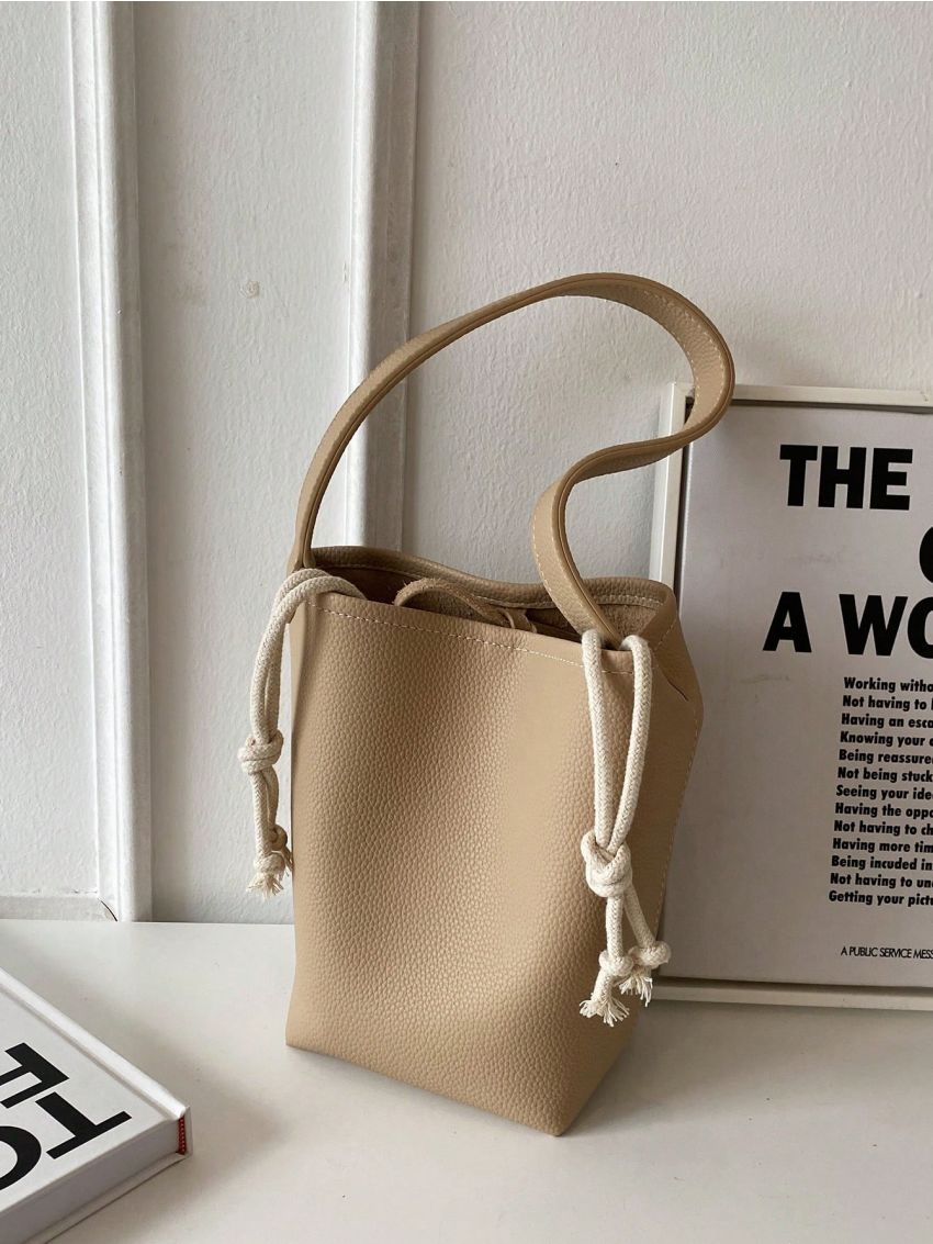 Litchi Embossed Bucket Bag PU Elegant Khaki
